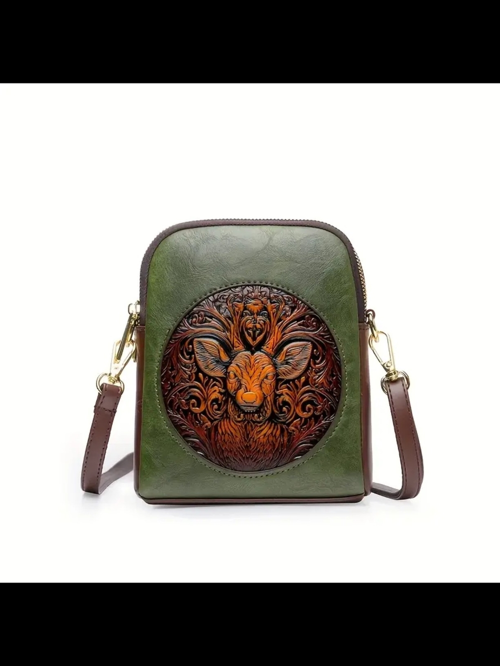 Green Leather Crossbody Bag with Embossed Deer Motif
